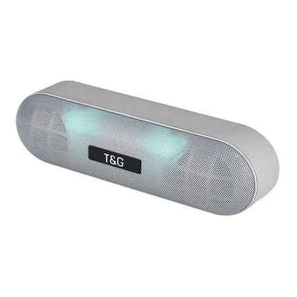 T G Portable Bluetooth Speaker For Travel And Home Use compact 360-degree stereo with mic and FM radio, silver