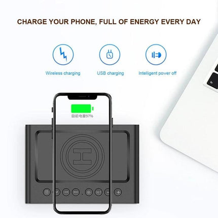 AEC Bluetooth Bedside Speaker Alarm Clock For Travel And Home showing wireless charging phone on top of compact alarm speaker