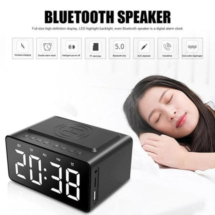 AEC Bluetooth Bedside Speaker Alarm Clock For Travel And Home showing LED clock, wireless charging pad and sleeping person