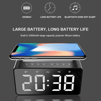 AEC Bluetooth Bedside Speaker Alarm Clock For Travel And Home showing large 2000mAh battery, LED time display and phone charging