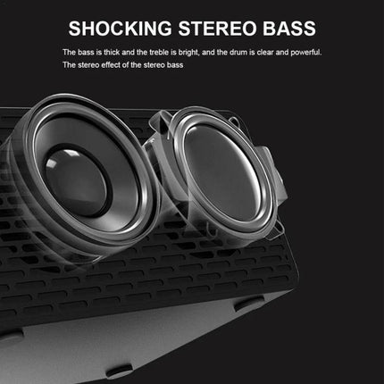AEC Bluetooth Bedside Speaker Alarm Clock For Travel And Home showing dual drivers and “Shocking Stereo Bass” closeup