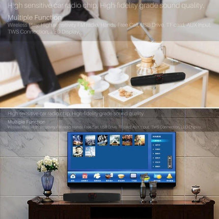 Rixing Portable Bluetooth Speaker For Home And Outdoor Use shown on coffee table and TV stand for home and outdoor listening
