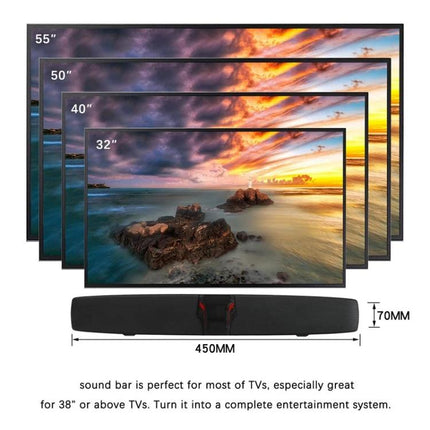 Rixing Portable Bluetooth Speaker For Home And Outdoor Use showing compact soundbar 450mm for TVs 32–55" and outdoor stereo use