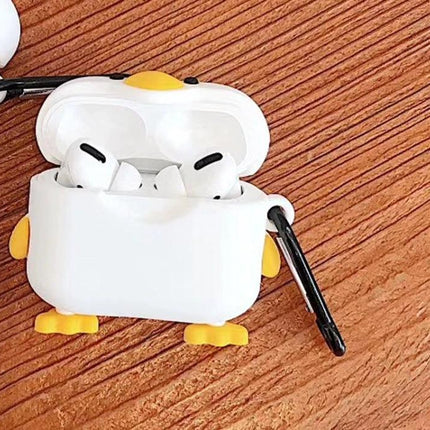 Protective Duck Case for Apple AirPods in Daily Commutes - cute white duck silicone case with carabiner protecting AirPods on wooden table