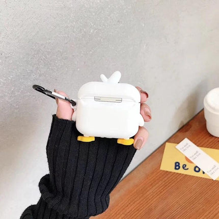 Protective Duck Case for Apple AirPods in Daily Commutes - white duck-shaped AirPods case with carabiner and yellow feet