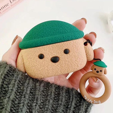 Cute Teddy Dog Protective Case for AirPods Pro Daily Use - textured teddy dog design with green cap, dustproof everyday protection and matching ring