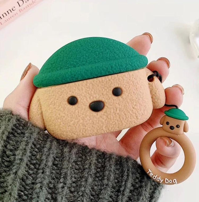 Cute Teddy Dog Protective Case for AirPods Pro Daily Use showing textured teddy-dog design with green cap and matching ring holder