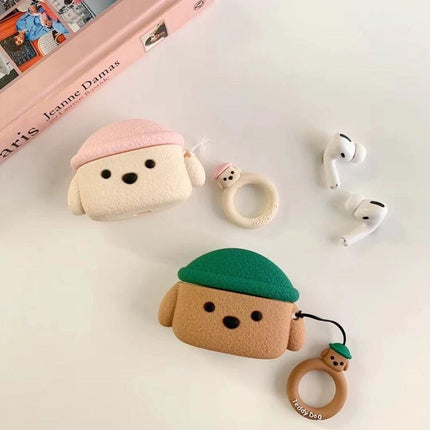Cute Teddy Dog Protective Case for AirPods Pro Daily Use - pink and brown teddy dog silicone AirPods Pro cases with ring charms, dustproof daily protection