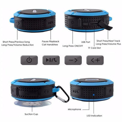 Compact Bluetooth Car Speaker With Clip For Commuting shown with clip, suction cup, TF card slot, USB port, controls