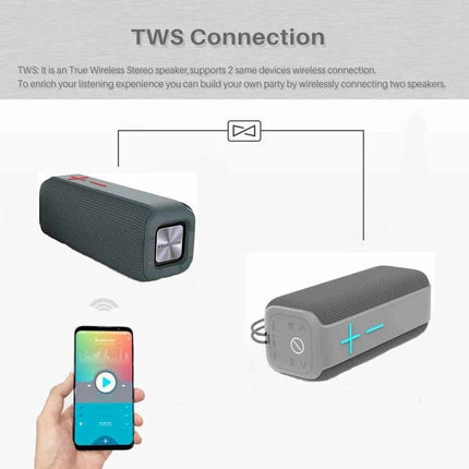 Portable Bluetooth Speaker With Carabiner For Outdoor Use shown in TWS connection pairing with phone and dual speaker setup