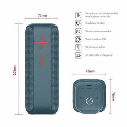 Portable Bluetooth Speaker With Carabiner For Outdoor Use rugged waterproof IPX6 speaker clipped to backpack, 203x73mm dimensions