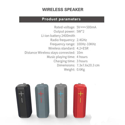 Portable Bluetooth Speaker With Carabiner For Outdoor Use shown in black, gray, green and red portable wireless speakers with specs