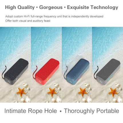 Portable Bluetooth Speaker With Carabiner For Outdoor Use shown in four beach colors clipped to bag, waterproof design, TF/FM support