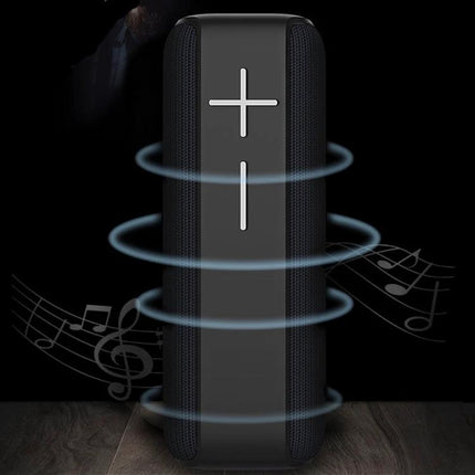 Portable Bluetooth Speaker With Carabiner For Outdoor Use showing vertical black speaker with plus/minus controls and music waves