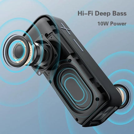 Portable Bluetooth Speaker With Carabiner For Outdoor Use shown with exposed drivers and Hi‑Fi deep bass 10W power