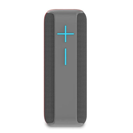 Portable Bluetooth Speaker With Carabiner For Outdoor Use – rugged gray speaker with blue volume controls clipped