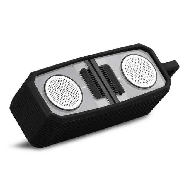 Transparent Portable Bluetooth Speaker With Waterproof Sleeve showing clear casing, removable black silicone sleeve, dual drivers