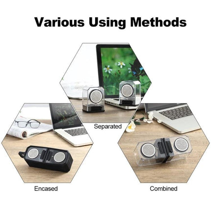 Transparent Portable Bluetooth Speaker With Waterproof Sleeve shown separated, encased, and combined for portable use