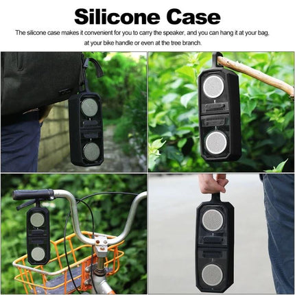 Transparent Portable Bluetooth Speaker With Waterproof Sleeve hanging from bag, bike and branch with removable silicone case, portable use
