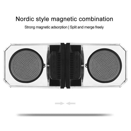 Transparent Portable Bluetooth Speaker With Waterproof Sleeve shown magnetically combined, clear casing and removable sleeve, portable audio