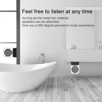 Transparent Portable Bluetooth Speaker With Waterproof Sleeve shown in bathroom with clear casing, sleeve, magnetic link, Bluetooth 5.0
