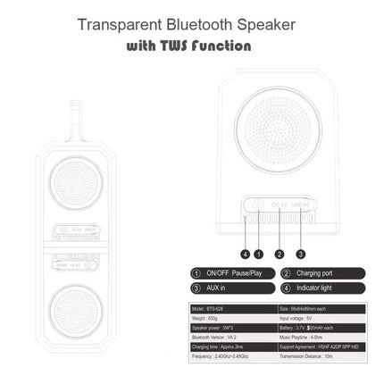 Transparent Portable Bluetooth Speaker With Waterproof Sleeve showing clear casing, removable sleeve, dual speakers and ports