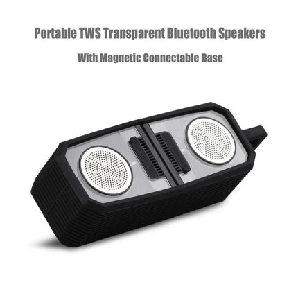 Transparent Portable Bluetooth Speaker With Waterproof Sleeve shown with magnetic connectable base and removable splashproof silicone sleeve