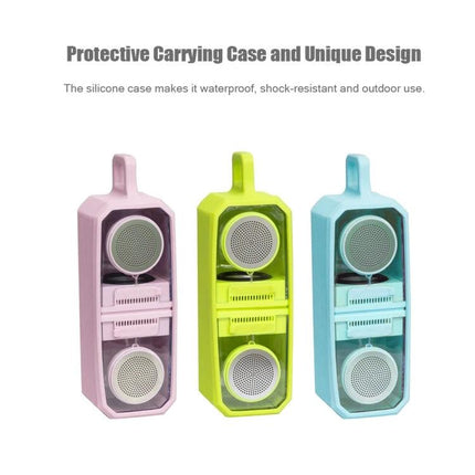 Transparent Portable Bluetooth Speaker With Waterproof Sleeve shown in pink green blue silicone carrying cases
