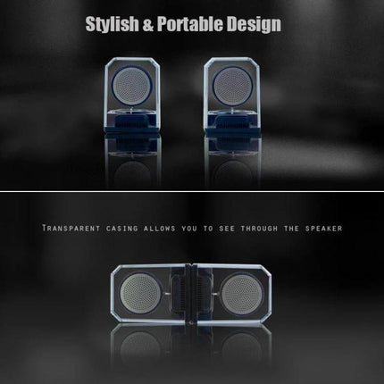 Transparent Portable Bluetooth Speaker With Waterproof Sleeve shown as clear dual magnetic speakers with removable blue sleeve