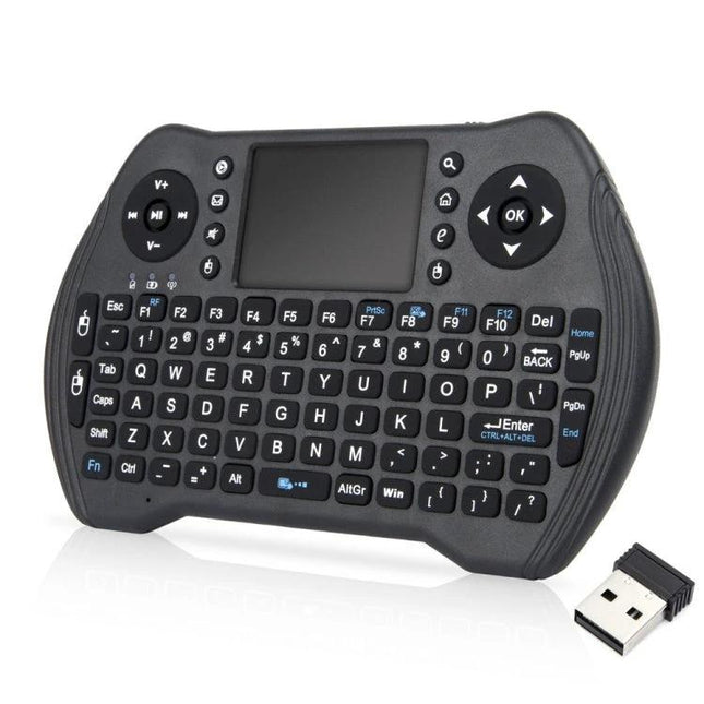 MT10 Fly Air Mouse 2.4GHz Wireless Mini Keyboard with Touchpad black compact QWERTY keyboard and USB dongle for smart TV and HTPC control