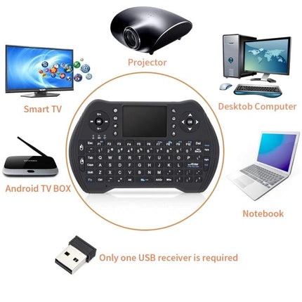 MT10 Fly Air Mouse 2.4GHz Wireless Mini Keyboard with Touchpad shown with smart TV, projector, desktop, notebook and Android TV box compatibility