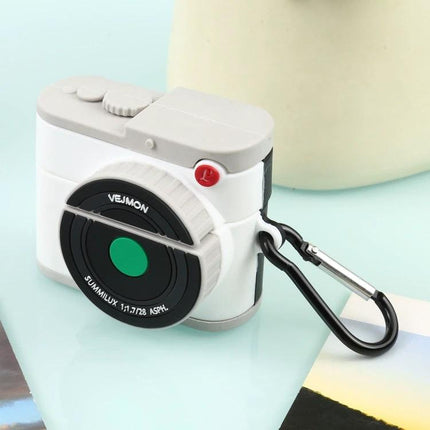 Protective Case for AirPods Pro with Camera Style for Daily Carry in white camera-shaped dustproof antifouling design with carabiner