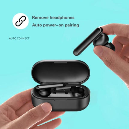 Mini Touch Wireless Earbuds With Charging Case For Commuting showing open case and hand removing one earbud, Bluetooth pairing