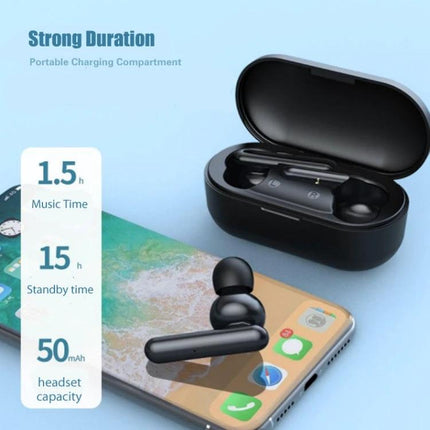 Mini Touch Wireless Earbuds With Charging Case For Commuting compact black TWS earbuds with open charging case on smartphone
