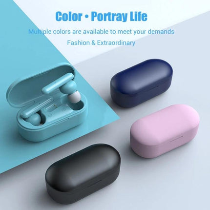 Mini Touch Wireless Earbuds With Charging Case For Commuting showing four color options with open turquoise case and three closed cases