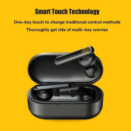 Mini Touch Wireless Earbuds With Charging Case For Commuting black T10 touch control earbuds in open charging case on yellow background