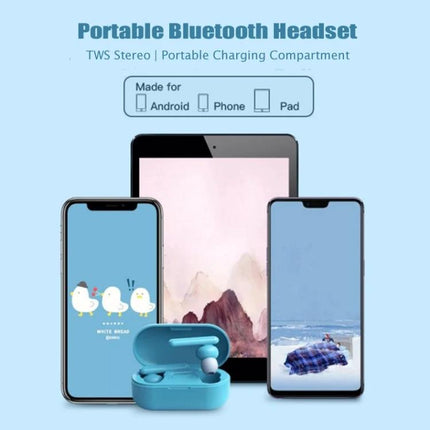 Mini Touch Wireless Earbuds With Charging Case For Commuting compact blue earbuds in open case with phones and tablet backdrop