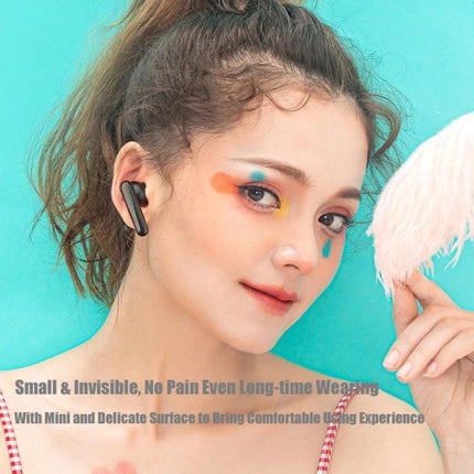 Mini Touch Wireless Earbuds With Charging Case For Commuting compact black earbuds in ear with charging case shown, commuter-friendly design