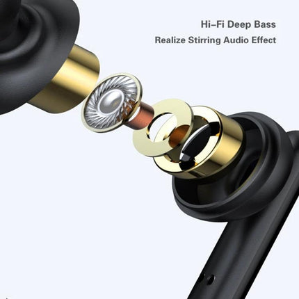 Mini Touch Wireless Earbuds With Charging Case For Commuting showing exploded driver components and Hi‑Fi deep bass design, black