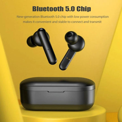 Mini Touch Wireless Earbuds With Charging Case For Commuting black Bluetooth 5.0 earbuds and compact charging case on yellow