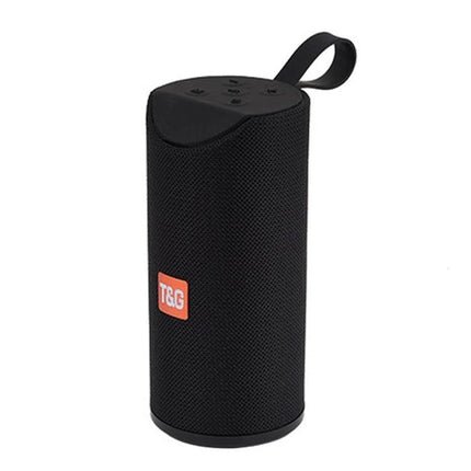 Portable Bluetooth Travel Speaker With FM Radio For Outdoor compact black cylindrical speaker with strap and controls