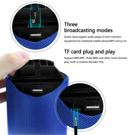 Portable Bluetooth Travel Speaker With FM Radio For Outdoor showing TF card slot USB AUX ports and removable media playback