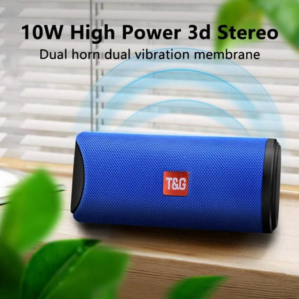 Portable Bluetooth Travel Speaker With FM Radio For Outdoor shown in blue on a windowsill, 10W 3D stereo portable speaker