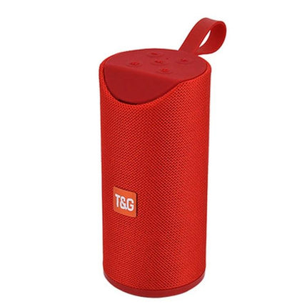 Portable Bluetooth Travel Speaker With FM Radio For Outdoor in red, compact travel speaker with strap and FM/aux/USB support