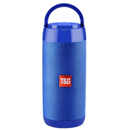 Alt Tag: Compact Bluetooth Speaker For Travel And Desk Listening in blue portable design with handle, FM radio, USB and Micro SD support