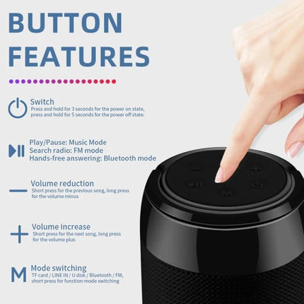 Compact Bluetooth Speaker For Travel And Desk Listening showing top control buttons, finger pressing play/pause button