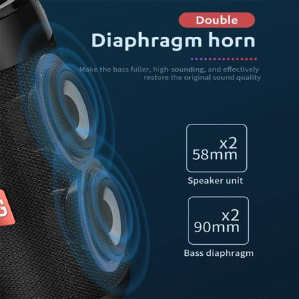 Compact Bluetooth Speaker For Travel And Desk Listening showing dual diaphragm horn with x2 58mm speakers and x2 90mm bass