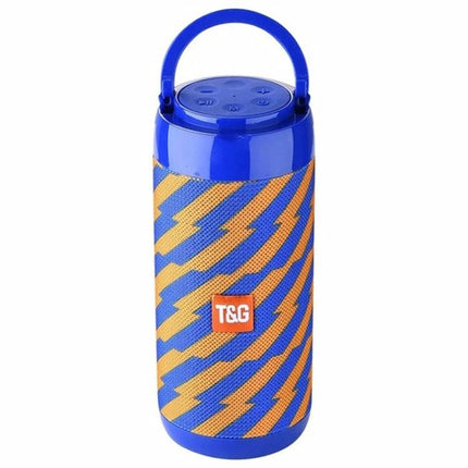 Compact Bluetooth Speaker For Travel And Desk Listening portable blue orange patterned speaker with handle, Bluetooth, FM, microSD, USB