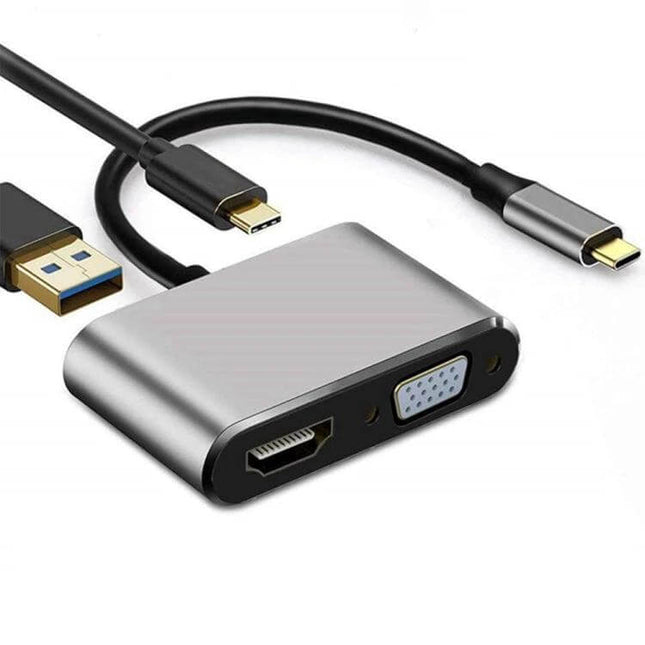 Multiport USB C Adapter for HDMI, VGA, and Charging Connections - compact aluminum hub with HDMI, VGA, USB 3.0 and charging port for laptops and phones