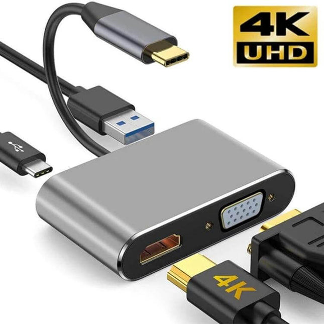 Multiport USB C Adapter for HDMI, VGA, and Charging Connections - sleek aluminum hub with HDMI 4K, VGA port, USB 3.0 and charging USB-C cable
